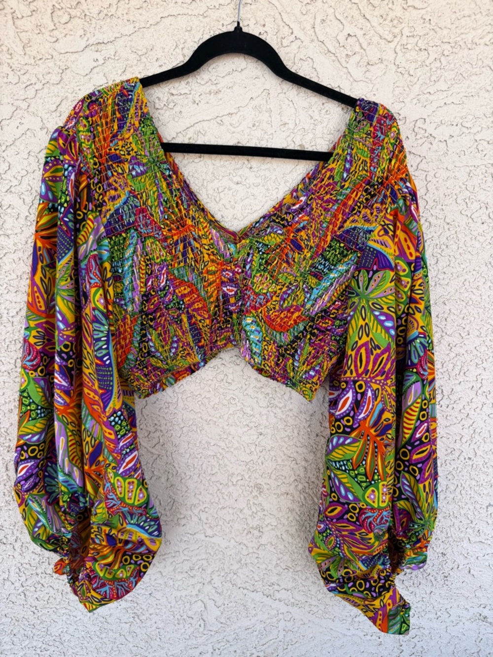 Live 4 Truth Multicolor Abstract Smocked Crop Top with Balloon Sleeves